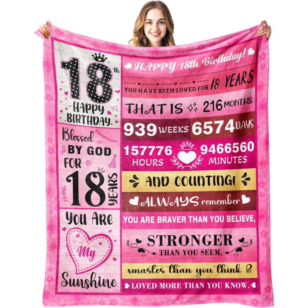 PVDSAVE 18th birthday gift blanket for girls front view showcasing the full pink infographic design layout.