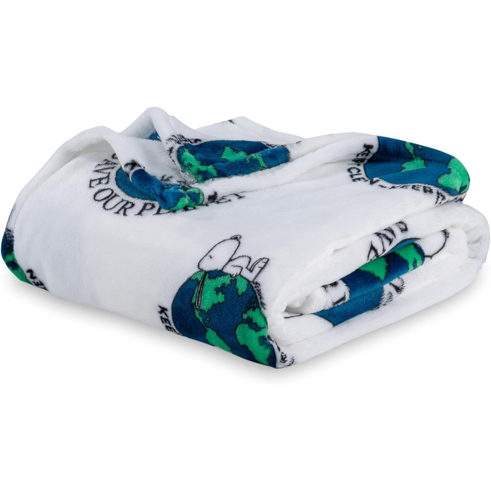 Berkshire Blanket Peanuts Snoopy VelvetLoft kids throw blanket front view showing Keep It Clean Keep It Green design