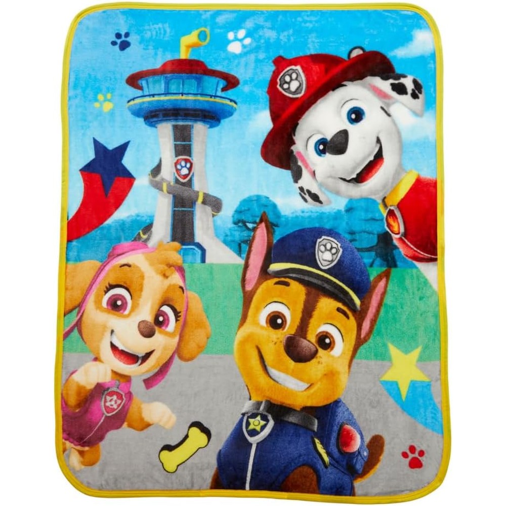 Franco Paw Patrol kids silk touch throw blanket front view featuring Chase Marshall and Skye