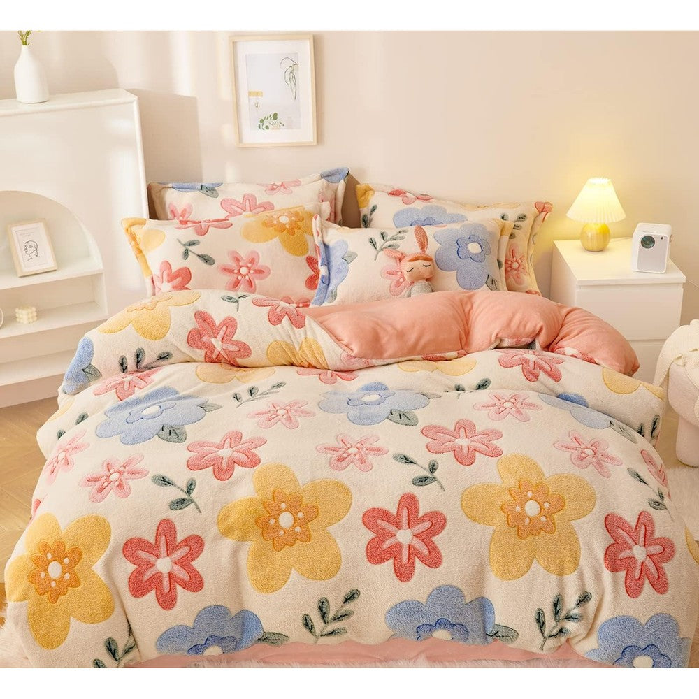 LMONMOO pink duvet cover twin front view showing the fluffy faux fur texture and kawaii flower patterns