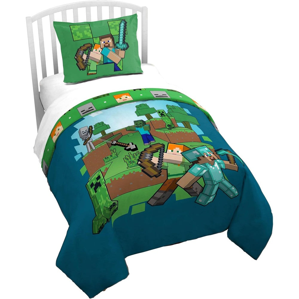 Jay Franco Minecraft twin duvet cover set spread flat on a bed showing front view gamer design