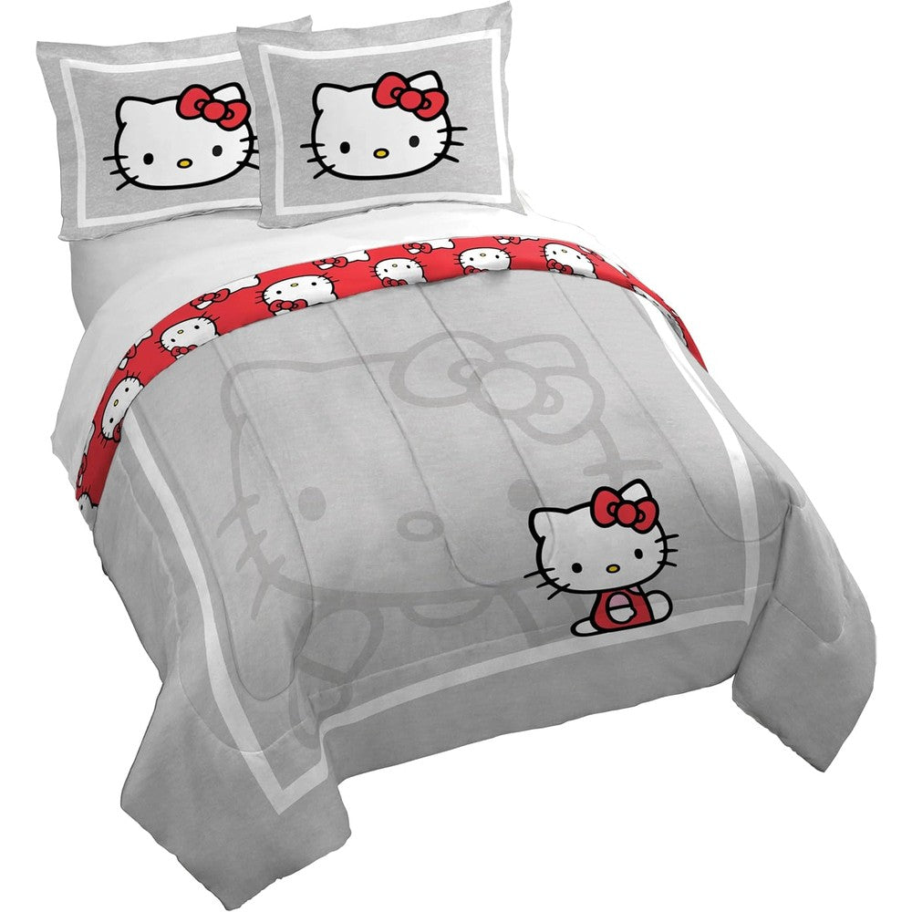 Jay Franco Hello Kitty queen duvet cover set front view showing grey design with red borders on a bed.