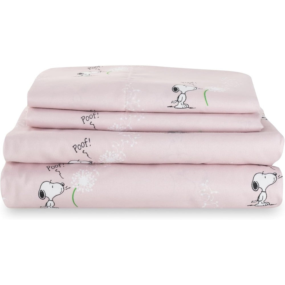 Berkshire Blanket Peanuts Snoopy Queen Sheet Set front view of pink character bedding