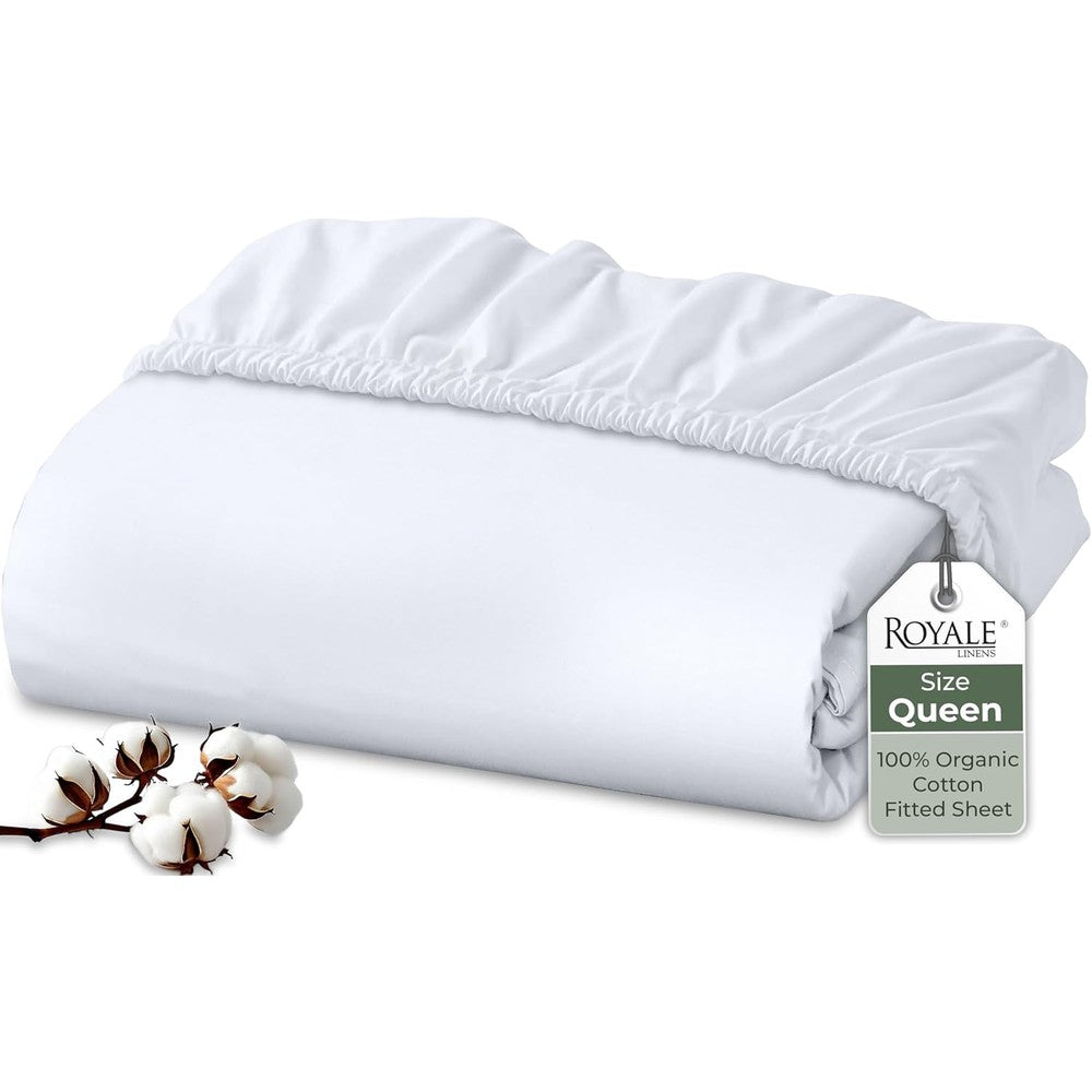 Royale Linens queen size white organic cotton fitted sheet folded