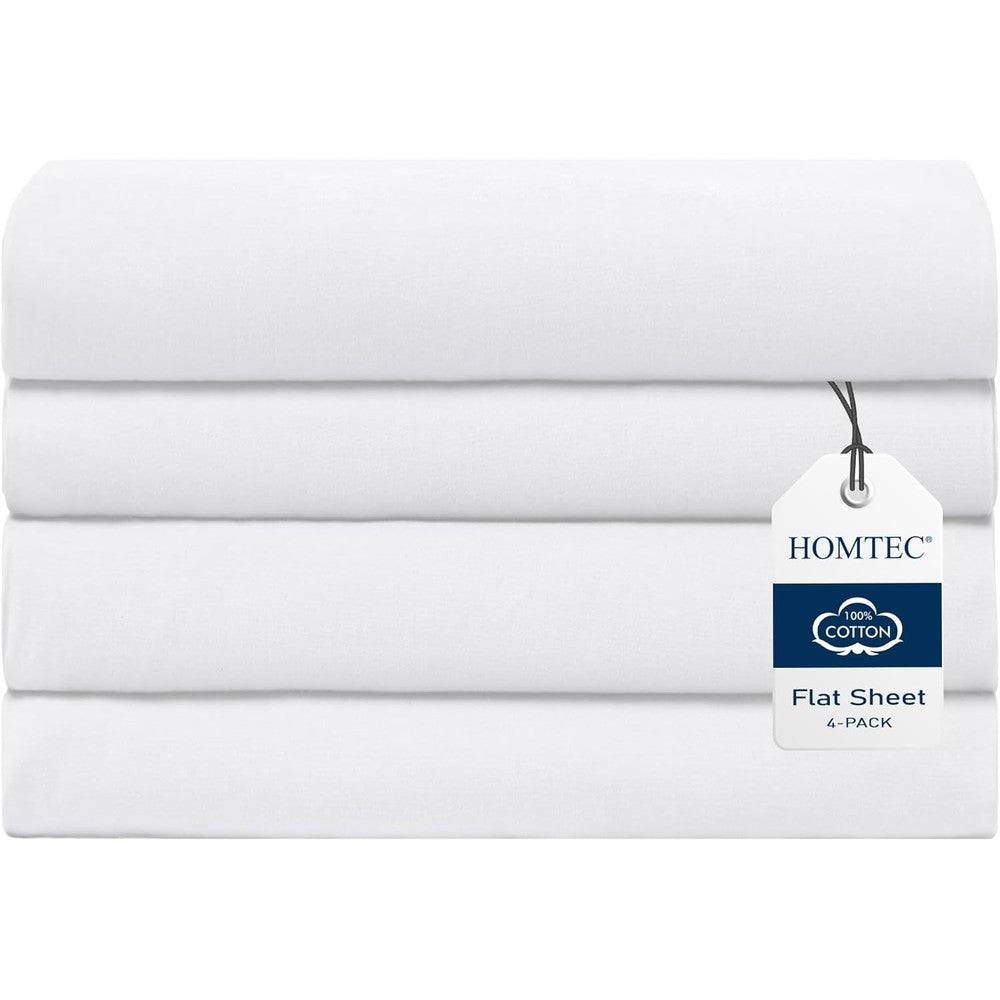 HOMTEC twin size flat sheet four pack front view showing crisp white cotton texture.