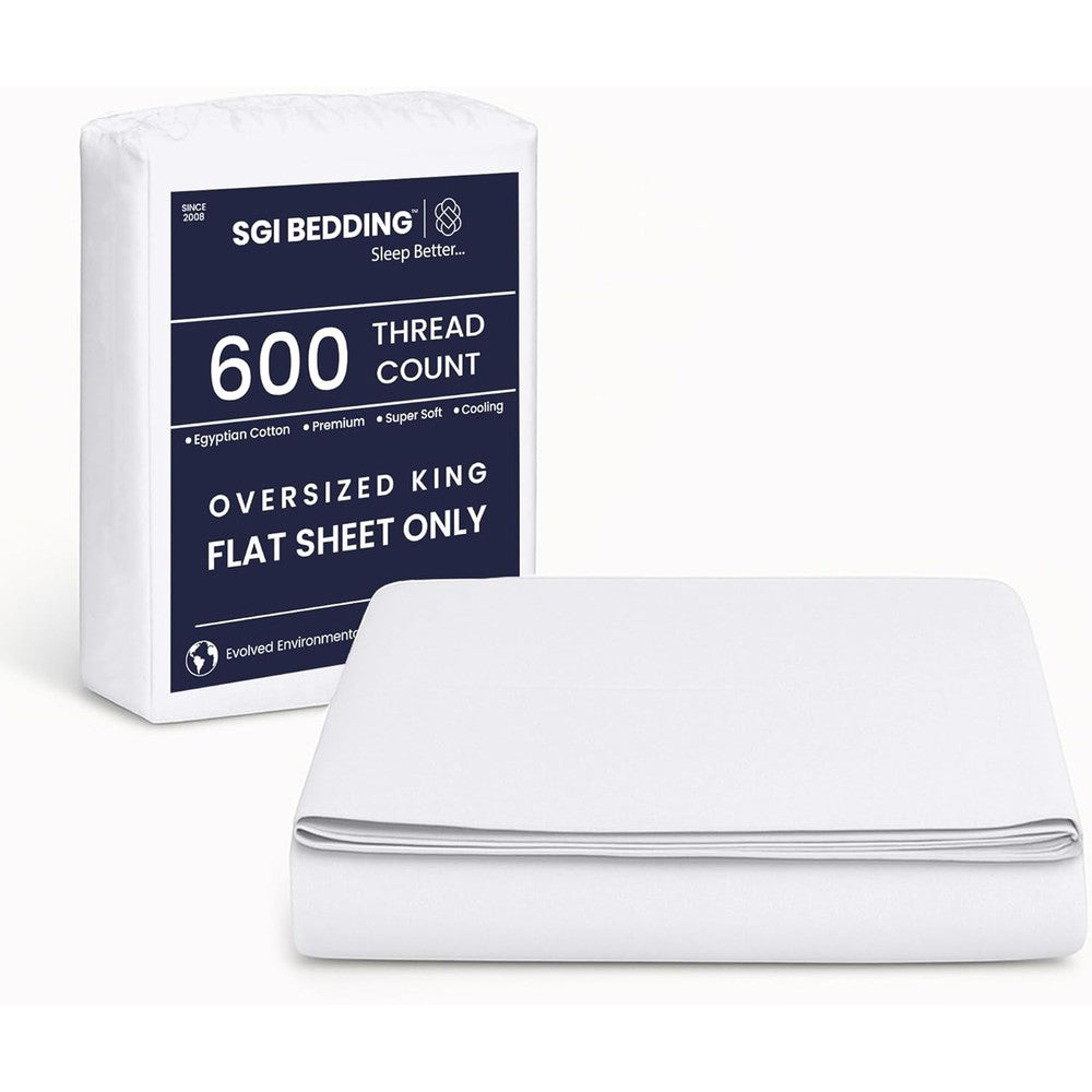 SGI Bedding Alaskan King flat sheet white front view on luxury bed