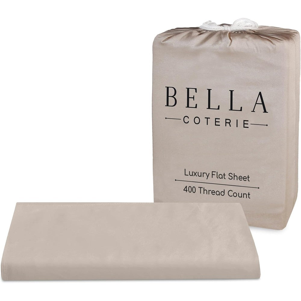 Bella Coterie luxury bamboo viscose queen size flat sheet in dune front view on mattress