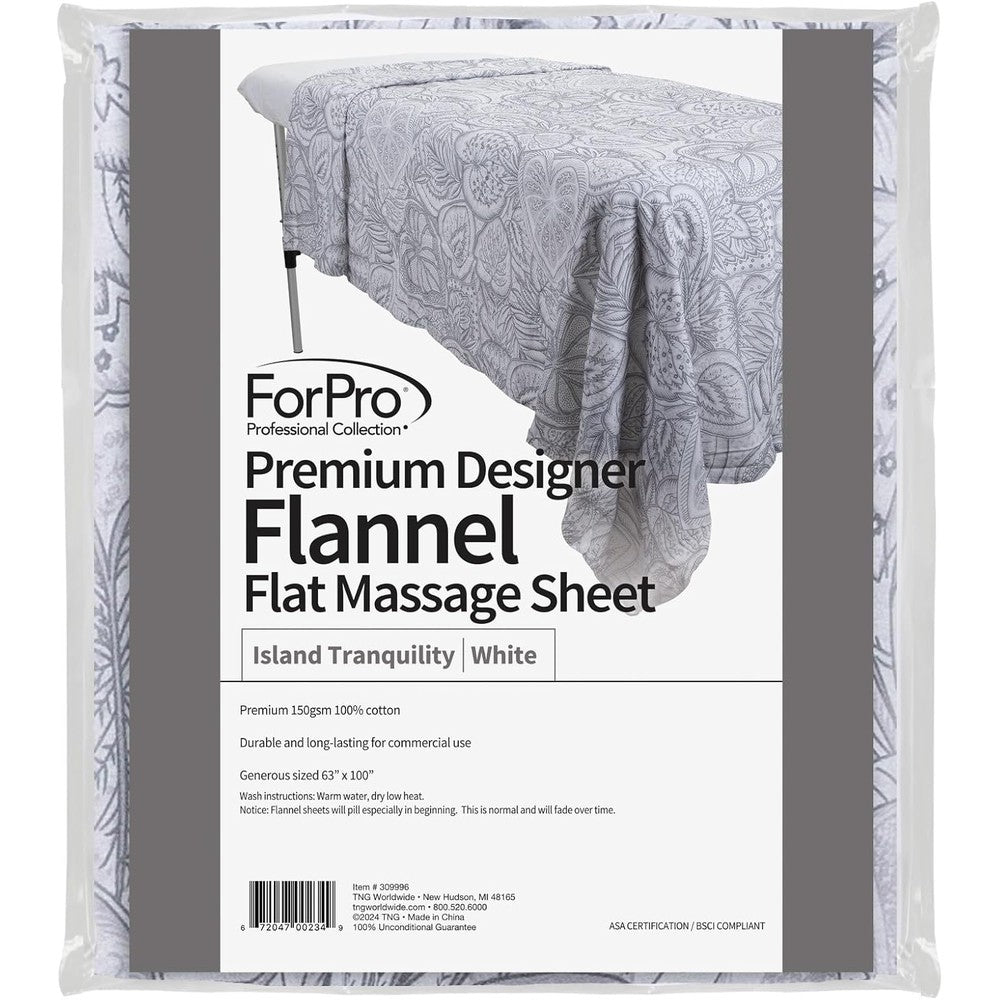 ForPro Premium Designer Flannel Flat Sheet front view on a professional massage table.
