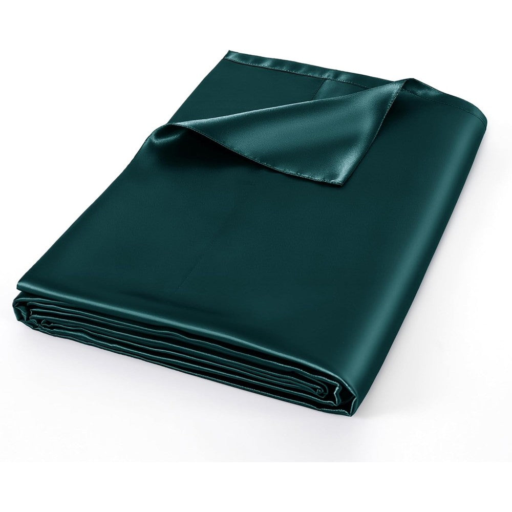 NSGZ satin flat sheet front view showing silky teal texture on a full bed