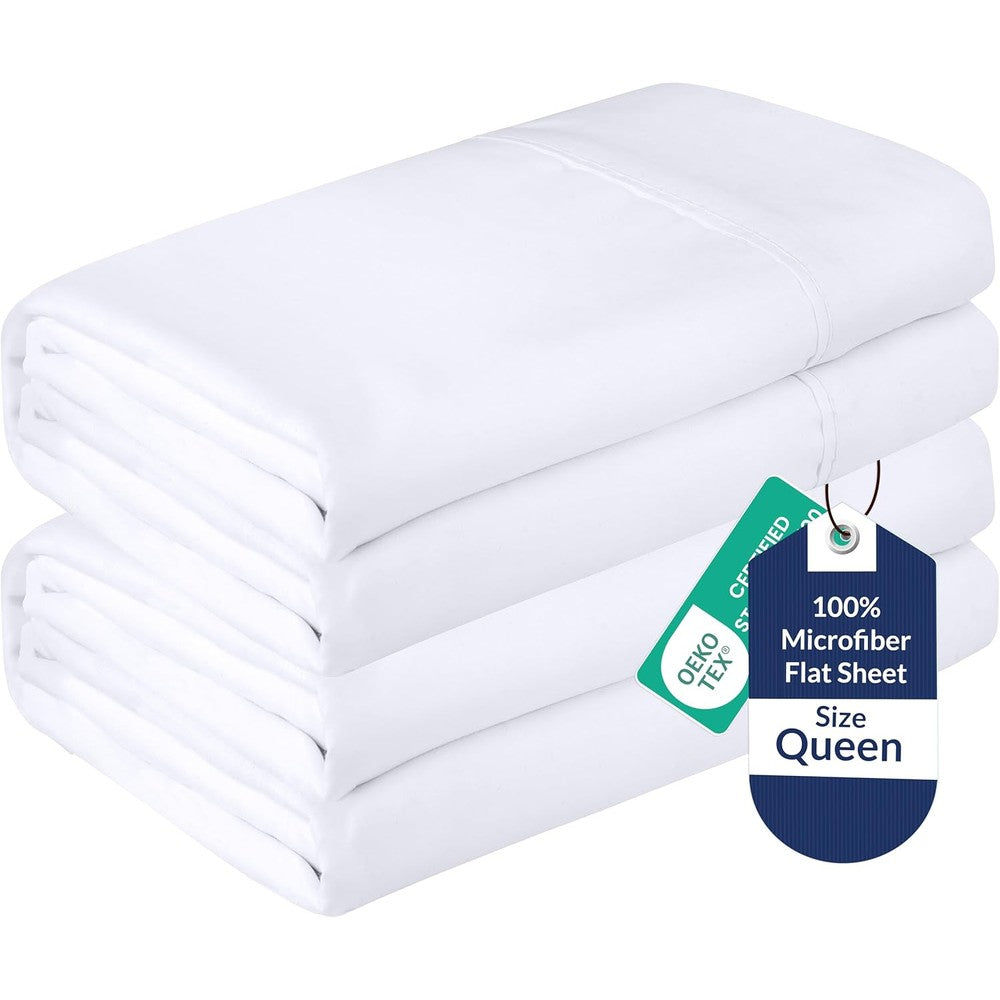 Royale Linens 1800 microfiber queen flat sheet set front view showcasing crisp white premium bedding