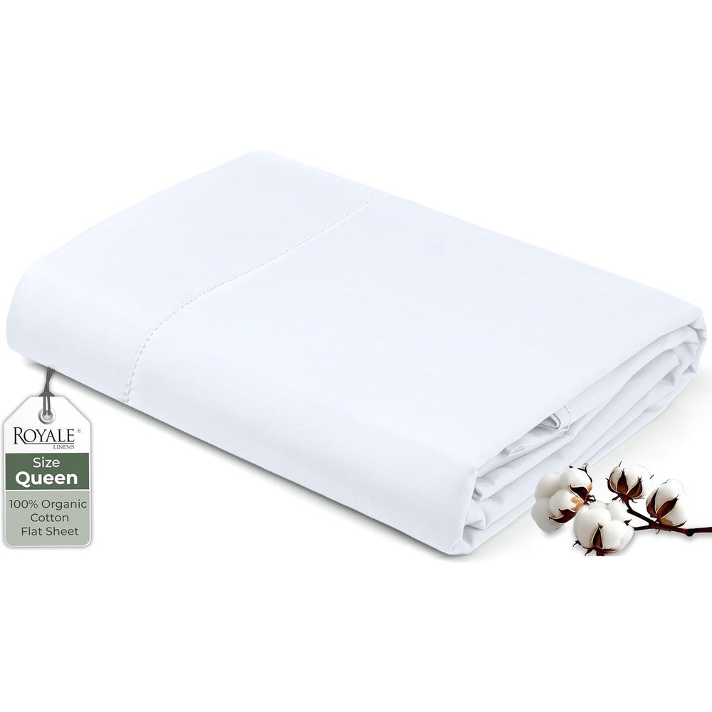 Royale Linens organic cotton queen flat sheet front view on a styled mattress