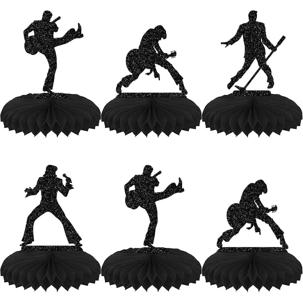ZHUOWEISM rock band honeycomb table centerpiece front view displaying black glitter music theme party decorations.