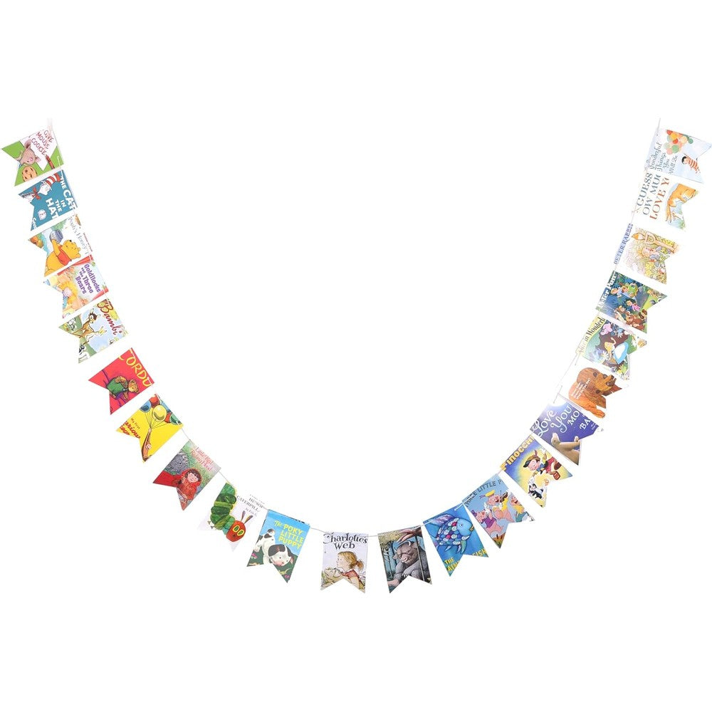 Crafter King Book Garland front view hanging across a bedroom wall as literary decor.