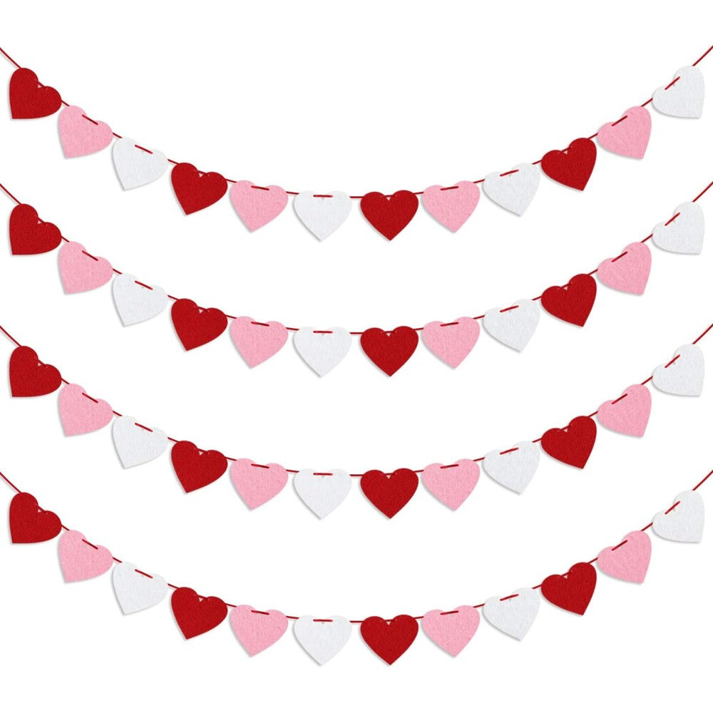 Partyprops felt heart garland banner front view of red pink and white hanging decorations