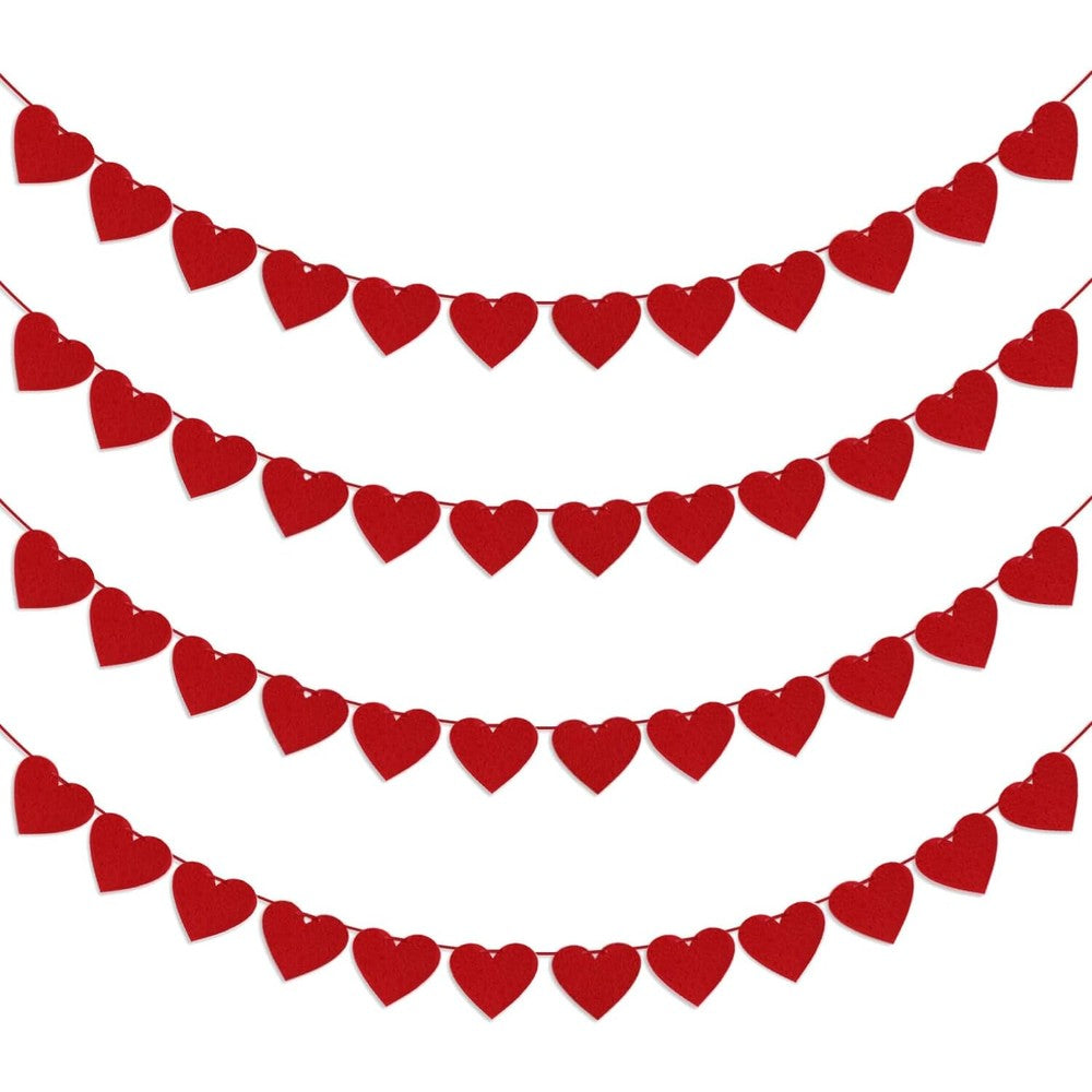 Partyprops Valentines Day red felt heart garland banner front view hung on a living room fireplace mantel.
