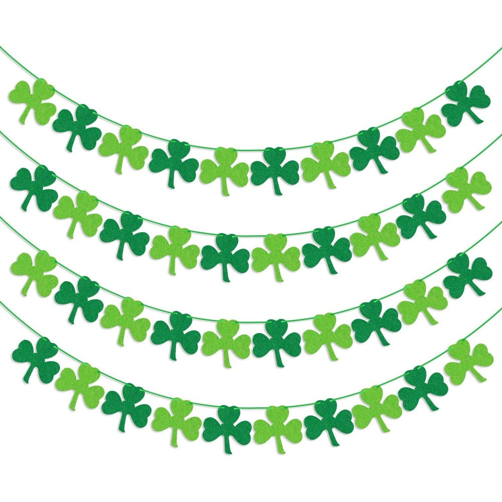 Partyprops Felt Shamrock Clover Garland Banner front view hanging on a fireplace mantel for St Patricks Day decorations.