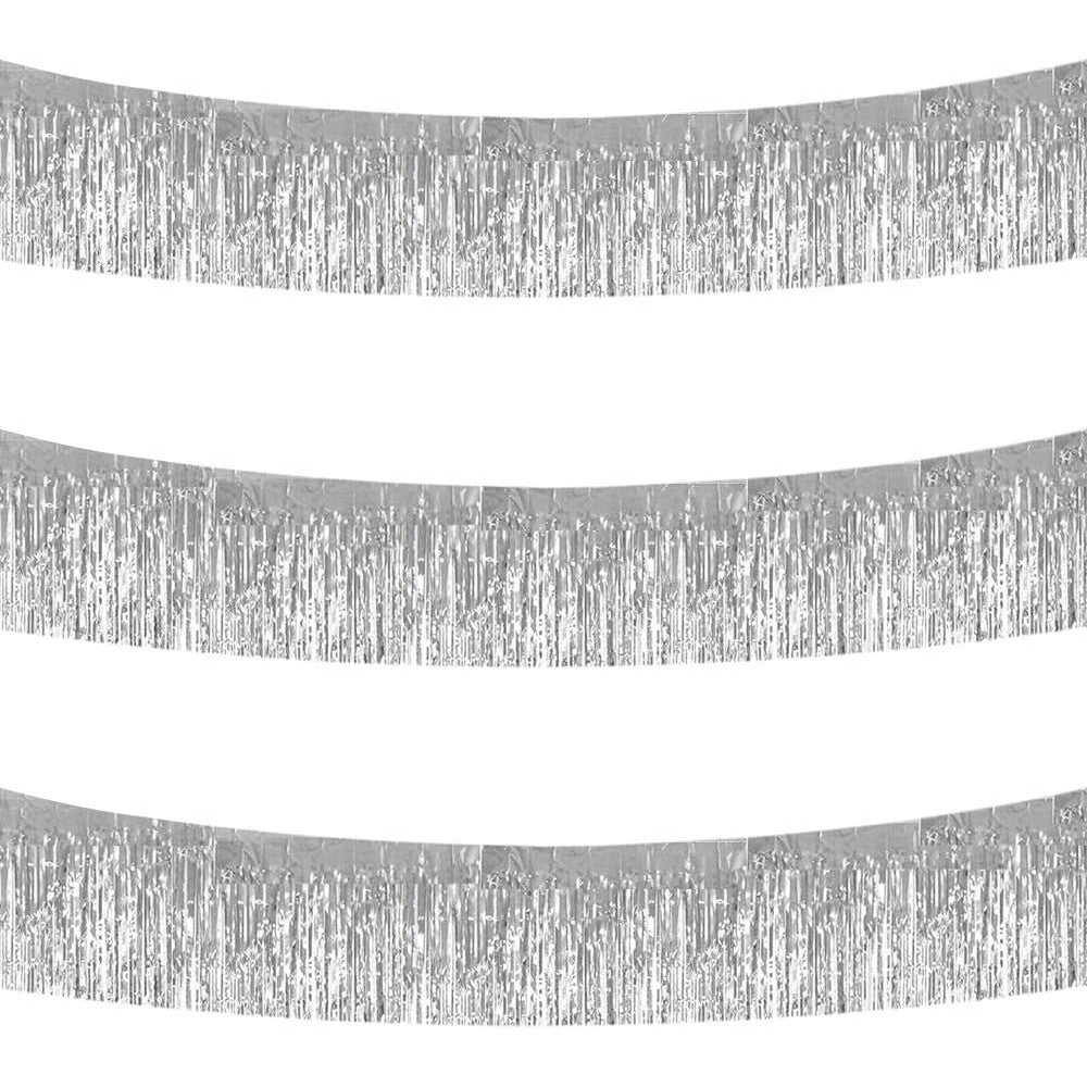 BEISHIDA metallic foil fringe garland three pack silver front view party background decoration