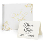 Only Zest elegant white wedding guest book with gold foil accents front view.