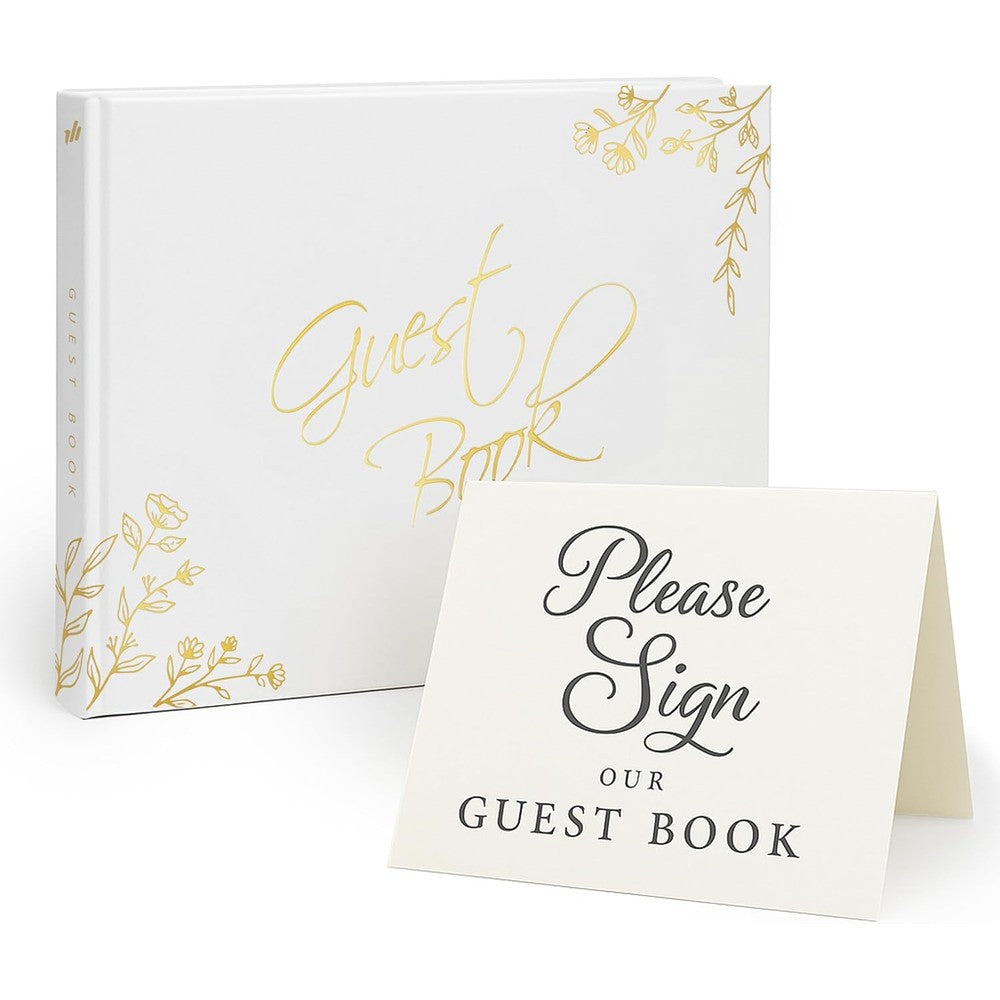 Only Zest elegant white wedding guest book with gold foil accents front view.