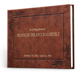 Promot brown funeral guest book with gold foil text front view