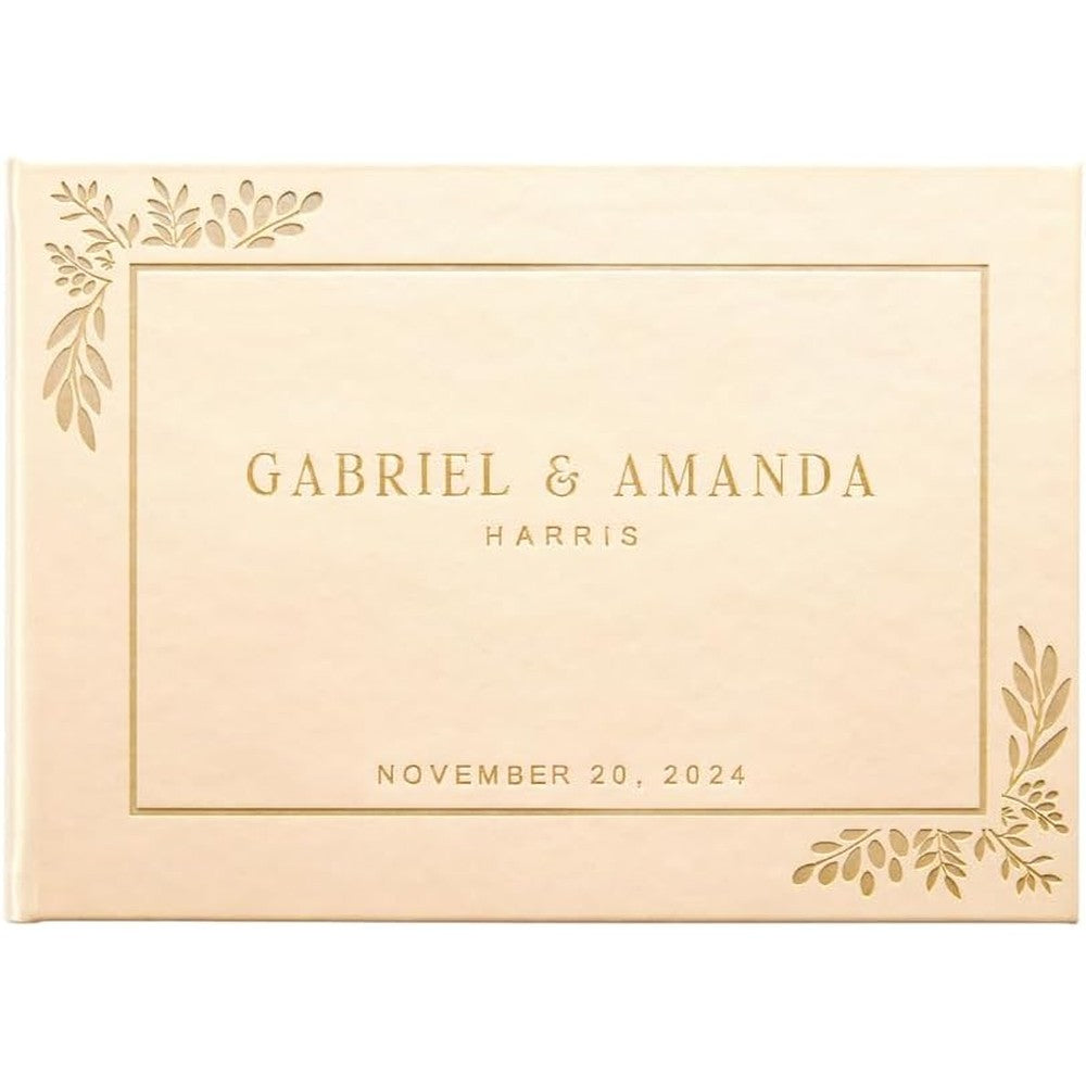 Promot personalized wedding guest book with gold embossed text