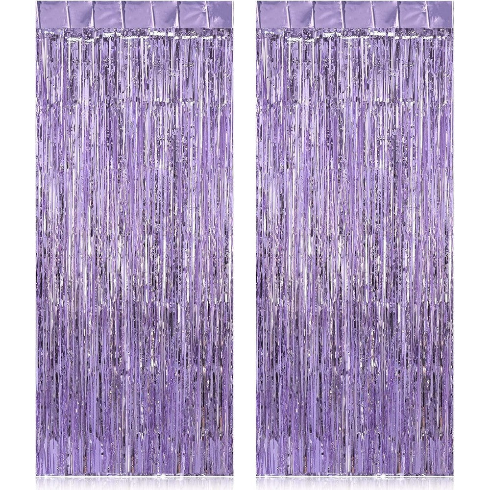 TOTAFAM light purple foil fringe curtains front view backdrop for birthday party decorations