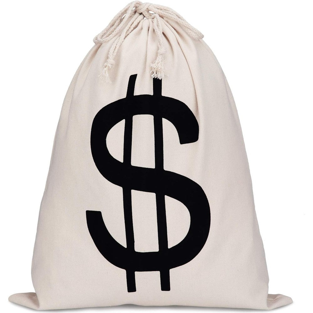 Boao extra large canvas money bag prop front view with bold black dollar sign symbol