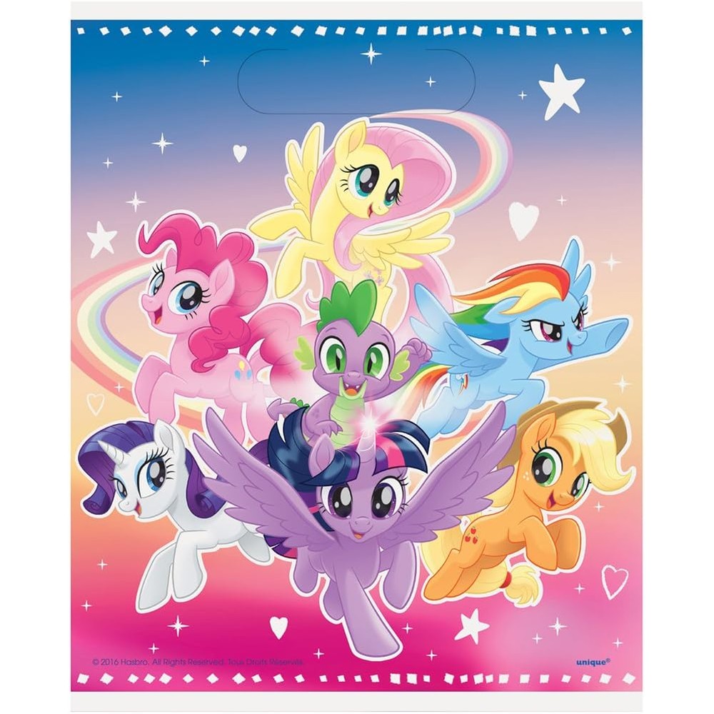 Amscan My Little Pony loot bags 8 piece pack front view showcasing vibrant cartoon characters on a pink background.