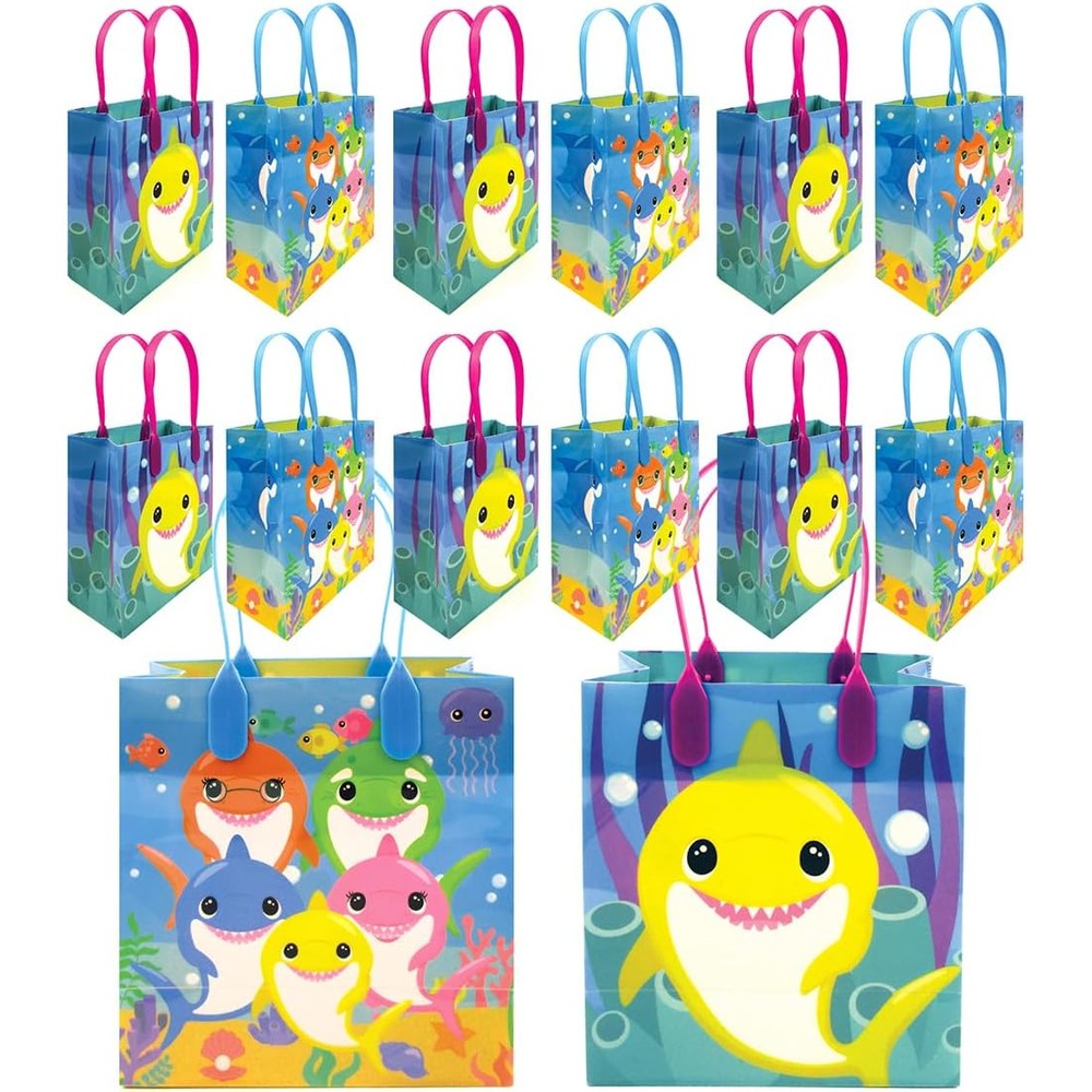 TINYMILLS Shark Family Party Favor Treat Bags front view showcasing vibrant colorful cartoon sharks underwater for kids birthday return gifts.