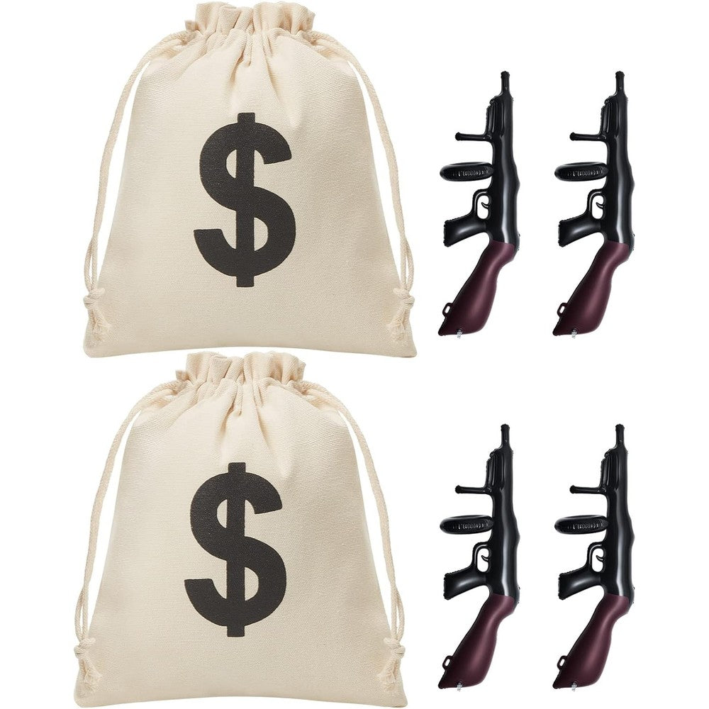 Zhanmai inflatable gun props and canvas money bag set front view highlighting party decorations