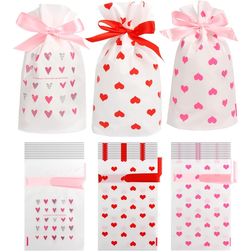 DIYASY Valentine's Day Small Drawstring Candy Gift Bags front view featuring pink and red heart patterns for party favor packaging.
