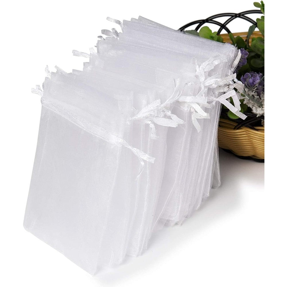 Hopttreely white sheer organza gift bags 50 count package showcasing the sleek front profile and clean satin drawstrings.