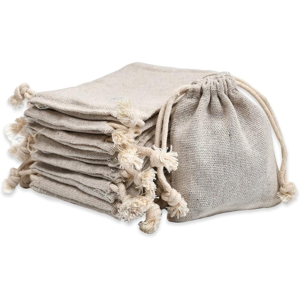 Calary double canvas drawstring cotton pouch front view showing natural unbleached muslin texture.