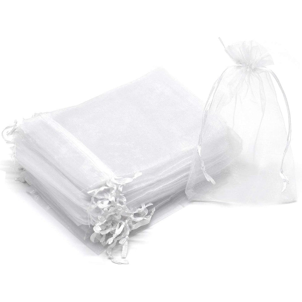 Bezall premium white organza drawstring gift bags 100 count front view packaging