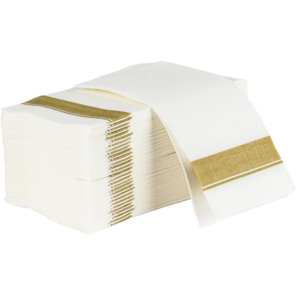 Blue Sky white paper dinner napkins with gold border front view