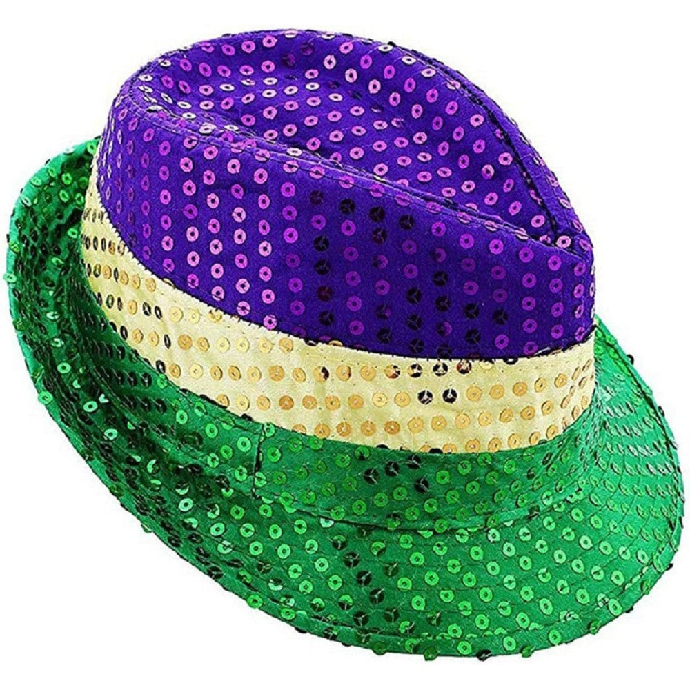 Wgudzpj Mardi Gras hat fedora sequin cap front view
