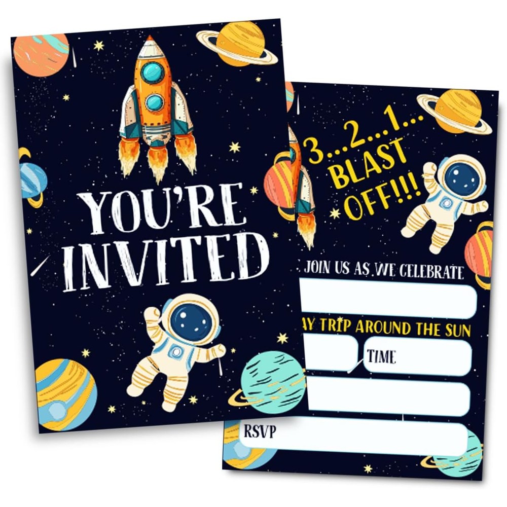 Doguiei outer space birthday party invitations front view showing cartoon astronaut and rocket ship design