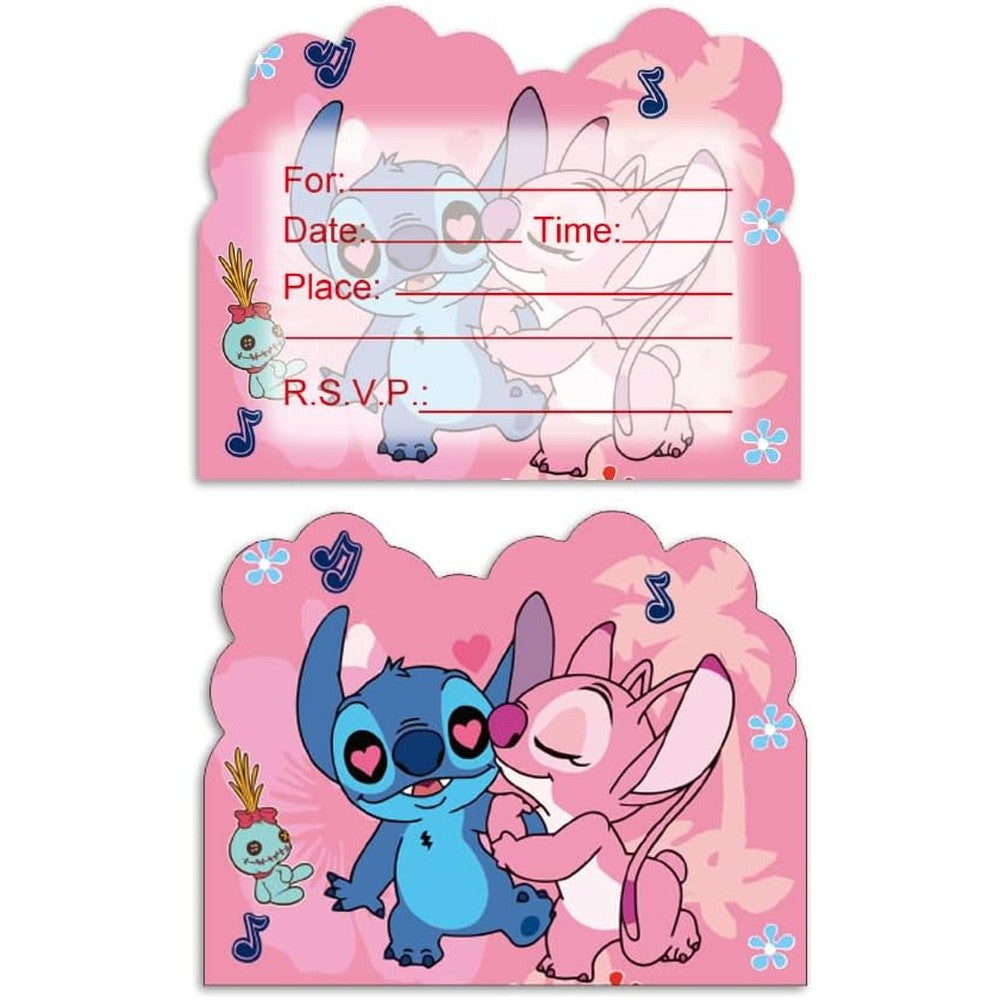 BELLOSY Stitch Birthday Invitation Cards 20 Pieces front view featuring Stitch and Angel cartoon characters
