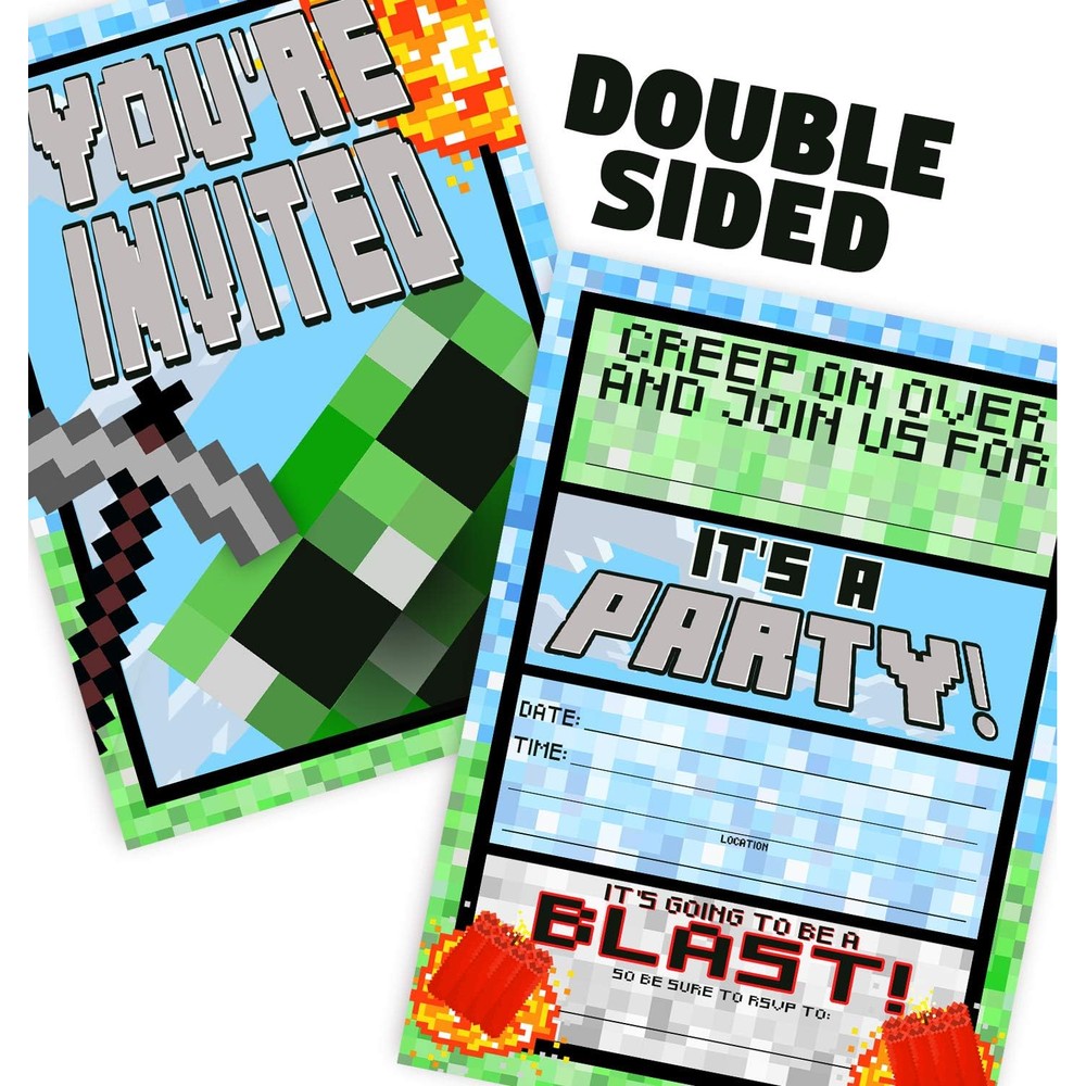 POP parties Pixel Party invitations front view featuring pixelated pickaxe gaming design