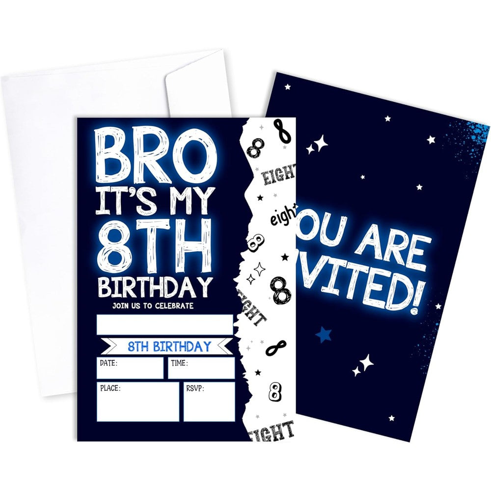 OZTEMETY 8th Bro birthday invitation card set front view showcasing neon text design