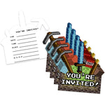 Birthday Galore Mining Pixel World invitations front view showing pixelated sword and pickaxe designs