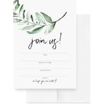 Bliss Collections Greenery Invitations pack of twenty five flat fill in cards front view showing watercolor leaves