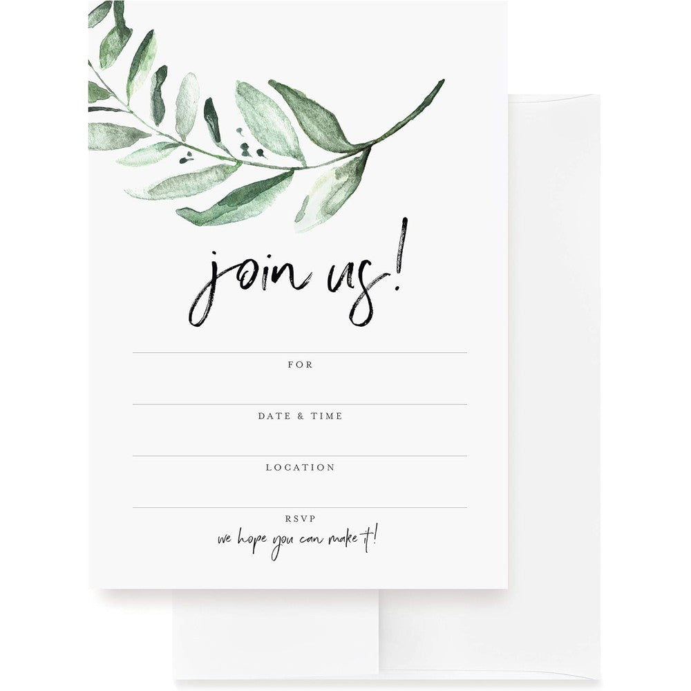 Bliss Collections Greenery Invitations pack of twenty five flat fill in cards front view showing watercolor leaves