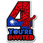 PIXCEOS Superhero Fourth Birthday Party Invitations front view showing number four shape