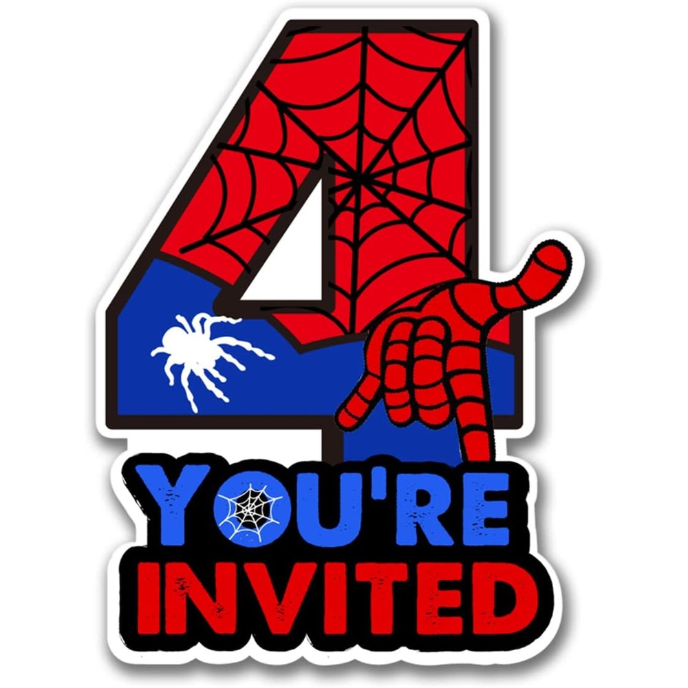PIXCEOS Superhero Fourth Birthday Party Invitations front view showing number four shape