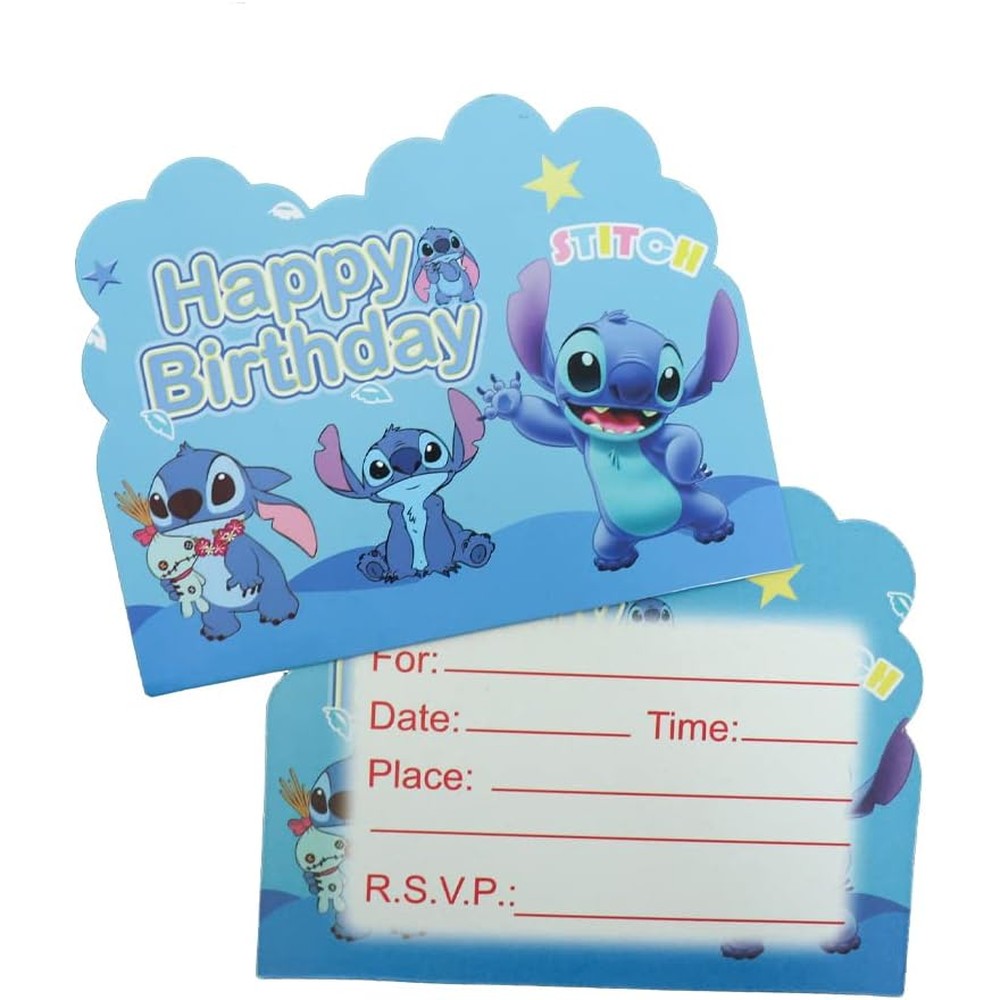 Vosaplk DRENGE Stitch birthday party invitation cards front view showing character theme design