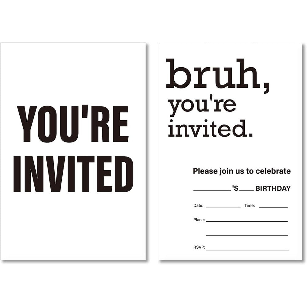 Soiceu teen boy birthday invitations pack front view showing premium black and white minimalist cardstock design
