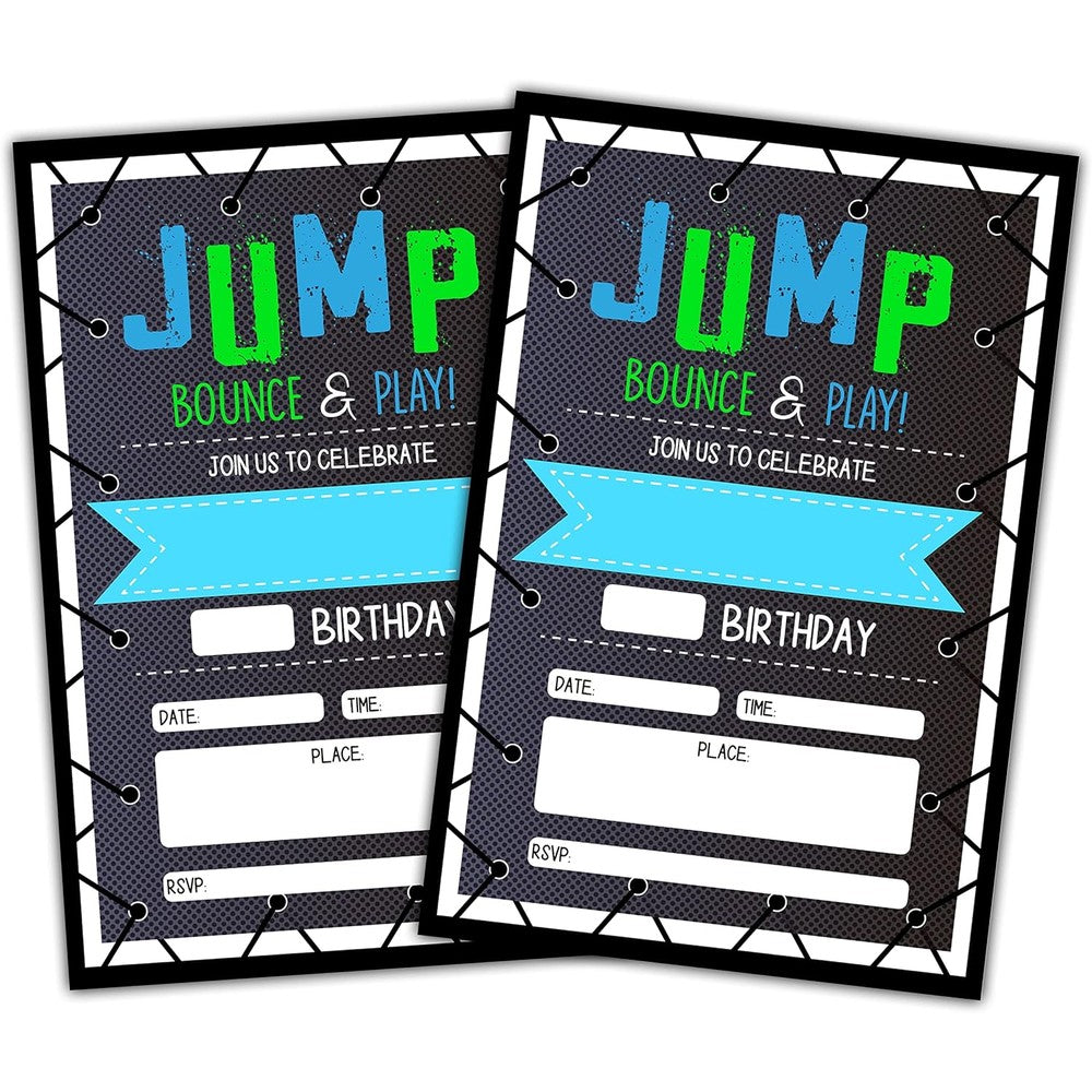 CLIRBE Trampoline Jump Birthday Party Invitations front view showing neon text on black background