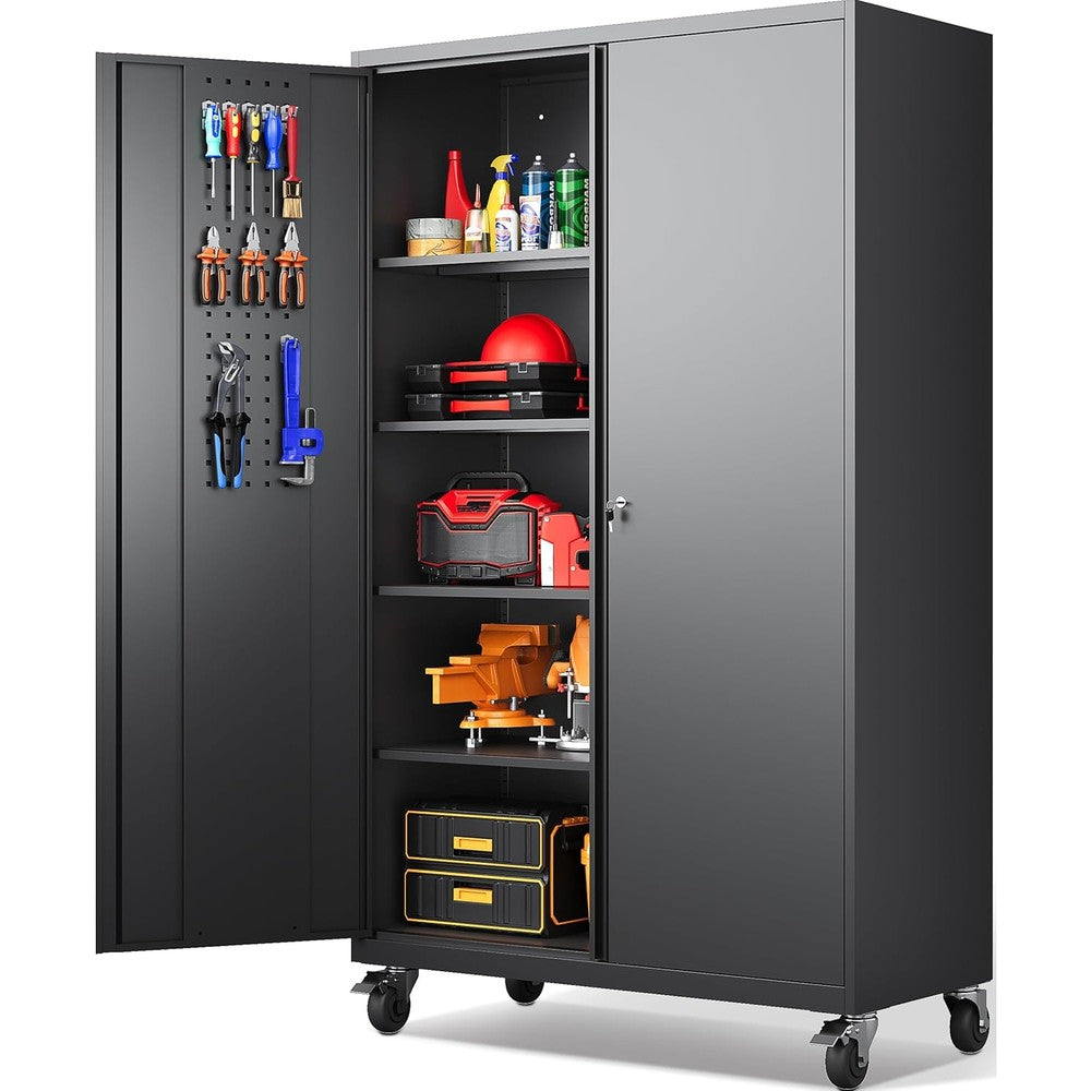 SISESOL wide and deep metal storage cabinet front view showing closed lockable doors in a modern garage setting.