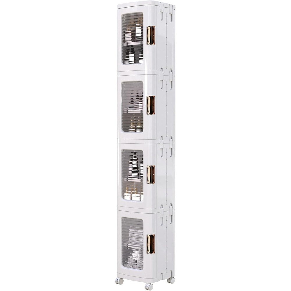 VECELO 4 Tier Tall Narrow Storage Cabinet front view showing white plastic frame and clear doors